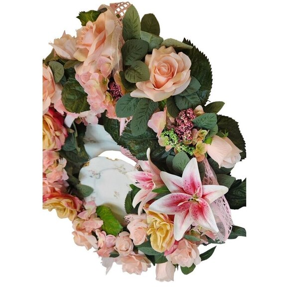 Pink Artificial Floral Wreath With Roses & Lilies For Home Decor - Picture 12 of 15